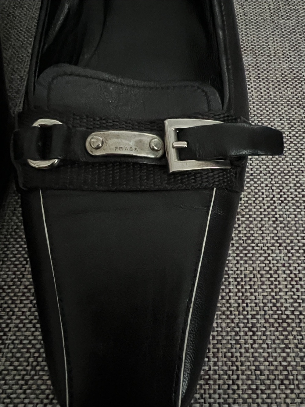 Prada Vintage Black Leather Square-Toe Flats with Silver Buckle - Size 39.5 - Picture 3 of 10